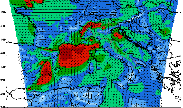 Mappa dei venti che si innescano in Italia e in Abruzzo il 18/19 Settembre 2011