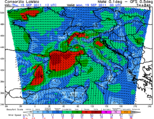 Mappa dei venti che si innescano in Italia e in Abruzzo il 18/19 Settembre 2011