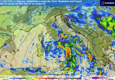 Tempo instabile nelle prossime ore sul medio-basso versante adriatico e sulla Sardegna ma tra domenica e lunedì è attesa una fase di maltempo con piogge diffuse al centro-sud, venti in rinforzo, temperature in calo e nevicate sui rilievi appenninici