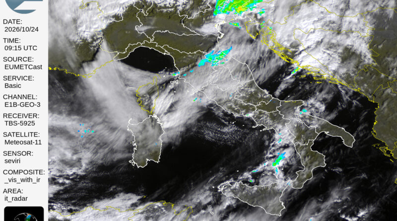 AGGIORNAMENTO FLASH ORE 11.35 – 24 Ottobre 2026: La perturbazione si sposta verso il centro Italia, probabili forti precipitazioni, anche temporalesche su Abruzzo, Molise e Puglia nelle prossime ore